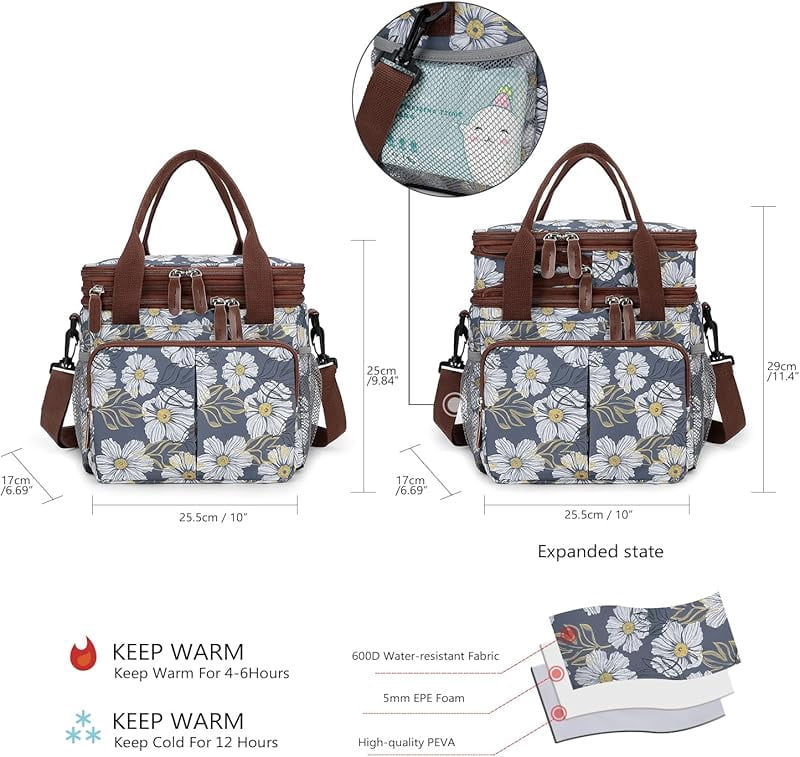 Lunch Bag Insulated Expandable Lunch Box for Women - Reusable Adults Floral Lunch Tote Bag Lunch Box for Office Work Picnic (Yellow Flower)