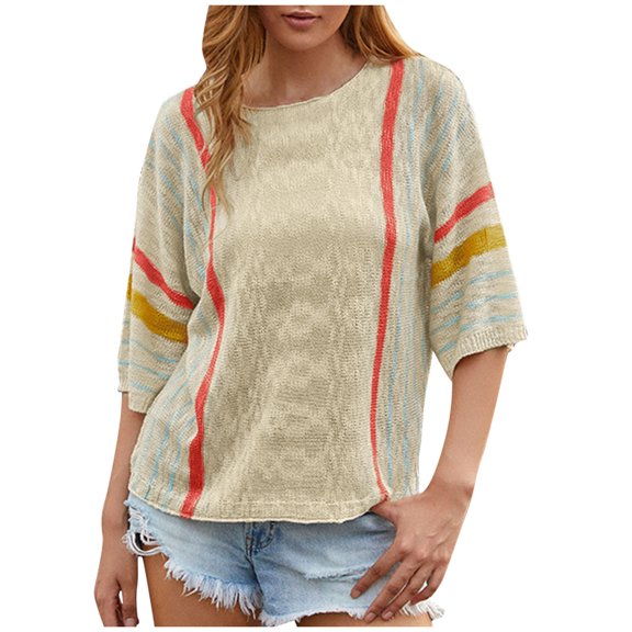 Short Sleeve Shirts for Women, Womens 2026 Spring Casual Crewneck Short Sleeve Striped Lightweight Knit Trendy Boho Tops Pullover Sweaters