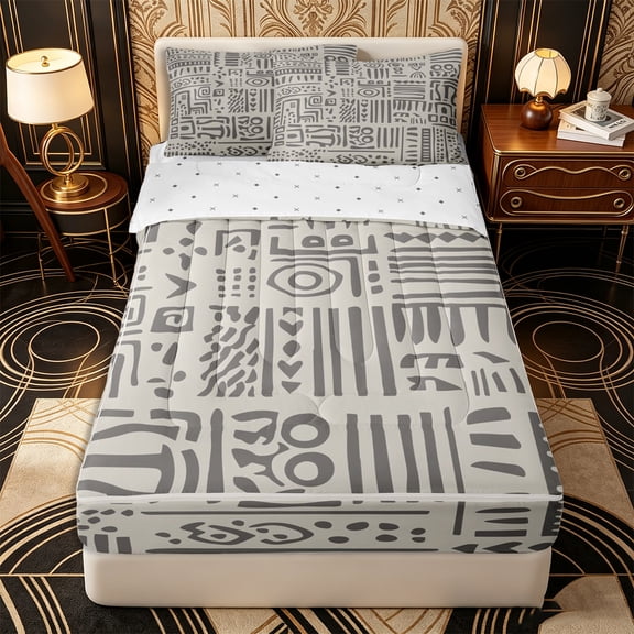 Erosebridal Tribal Aztec Zipper Twin Comforter Sets with Fitted Sheet and 2 Pillowcases,Vintage Boho Geometric Zipper Bedding Set,Ash Gray,Reversible