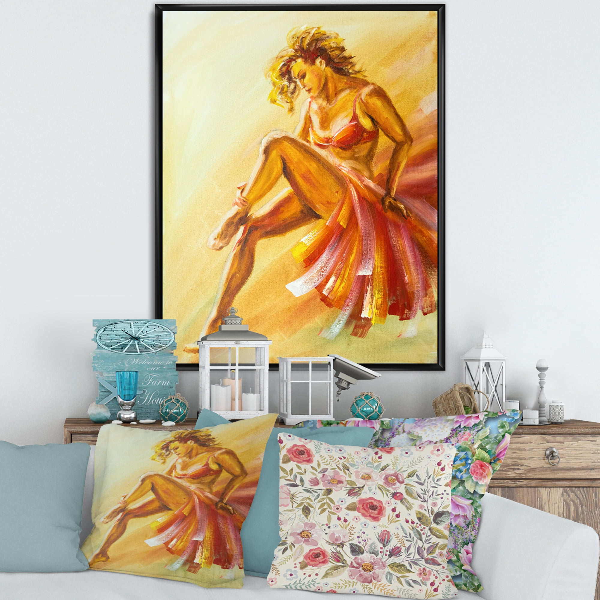 Designart 'Warm Coloured Flamenco Woman Dancer' Modern Framed Canvas Wall Art Print