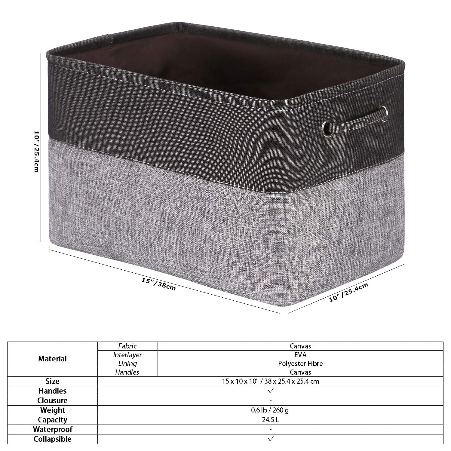 Sea Team 3-Pack Large Storage Basket Set, Trunk Organizer, Clothes Toys Bin, 15 x 10 x 10 Inches, Big Rectangular Canvas Fabric Collapsible Shelf Box with Handles, Grey & Black