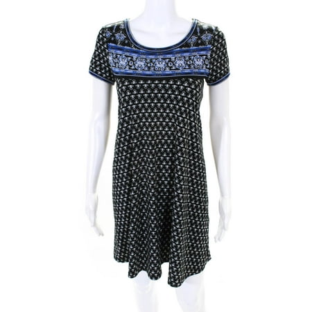 

Pre-owned|Max Studio Womens Short Sleeve Printed Mini Swing Dress Black Blue Size XS