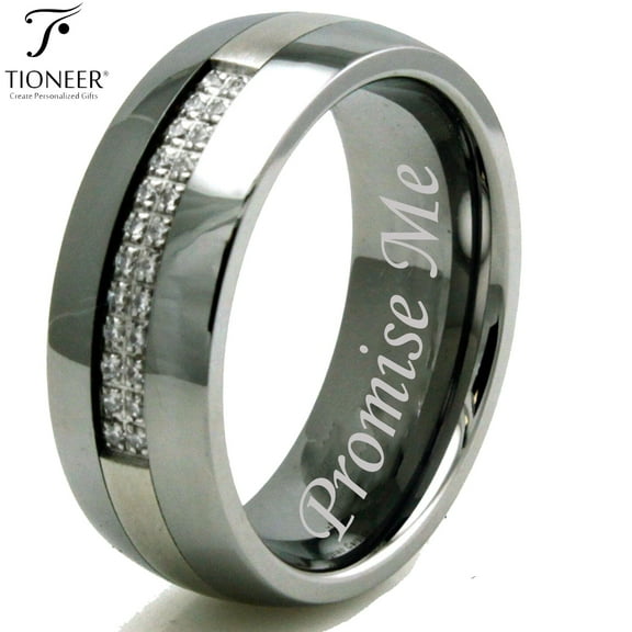 Tioneer Tungsten Carbide & Infused Stainless Steel w/ 24 Cubic Zirconia Men Women Wedding Band Ring 8mm Free "Promise Me" Engraved