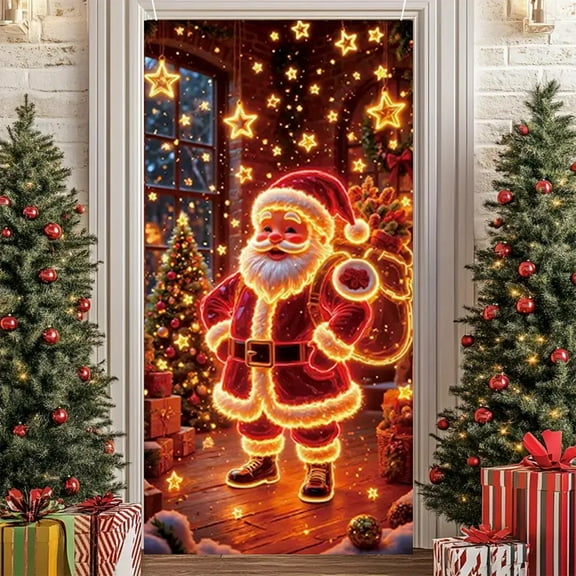 ToyKingdee Fluorescent Christmas Door Cover Party Banner, Glow in The Dark Christmas Banner with Santa & Tree, Fluorescent Outdoor/Indoor Decorations for Front Door, Party, Wall