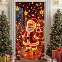 Meggemo Lighted Christmas Door Curtain Santa Claus Tree Printed Banner Xmas Hanging Decor Reusable Holiday Accessory for Indoor Outdoor Christmas Parties Home Entryway Yard Displays