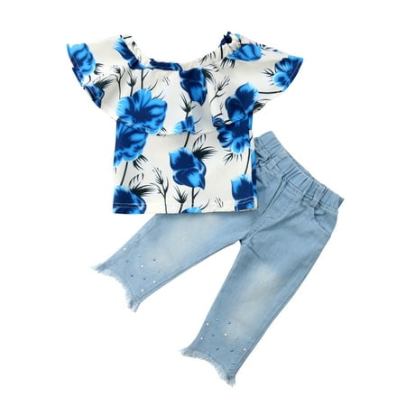 

Meihuid Toddler Girls Floral T-shirt Tops Denim Jeans Long Pants Trouser Summer Outfits