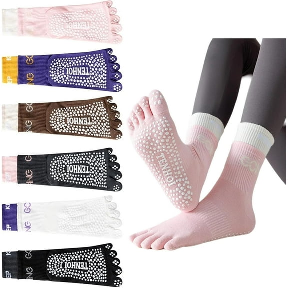 6 Pairs Non Slip Toe Socks for Women, Medium-Large, Colorful, Cotton, Crew Length, 6 Count
