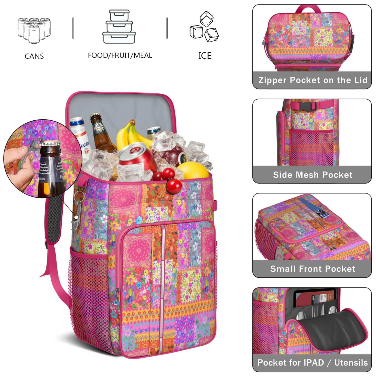 Travel Cooler Bag - Pioneer Flower Camping Beer Cooler Backpack with Bottle Opener- Waterproof Insulated Picnic Backpacks - Cooler Bag for Beach