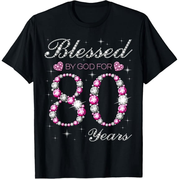80th Birthday Blessed Diamond Graphic for Women Cotton Short Sleeve T-Shirt