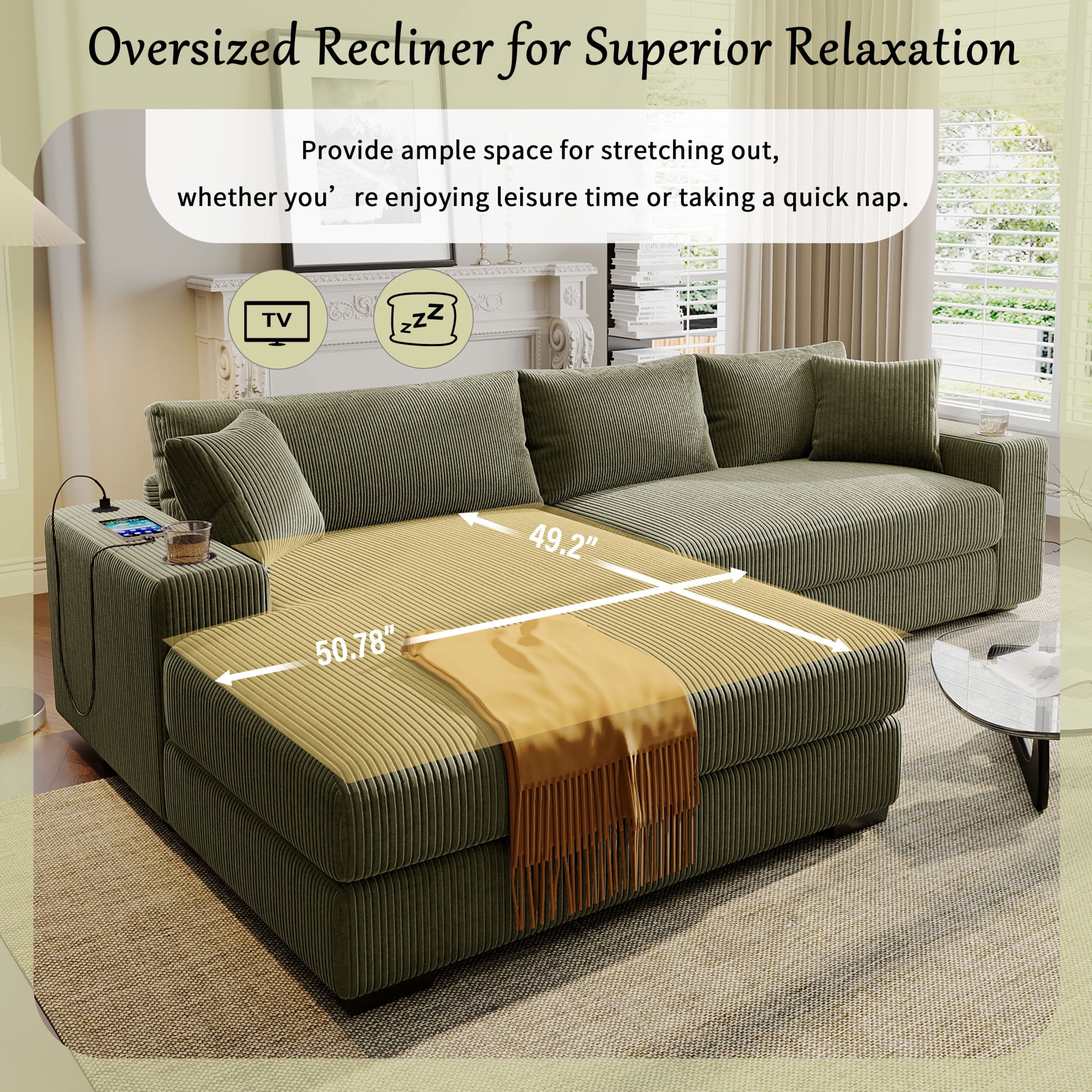 Christopher Knight Home Modern L-Shaped Sectional Sofa with Cup Holders & Charging Ports, Green