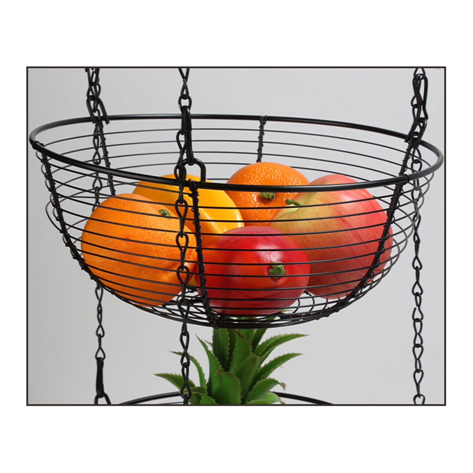 LYINGF 3 Tier Hanging Kitchen Black Fruit Basket,Farmhouse Wire Basket, Three Tier Fruit Basket for Kitchen for Vegetables, Bread & More, Metal Chain, Hanging Hook and Detachable Round Wire Baskets
