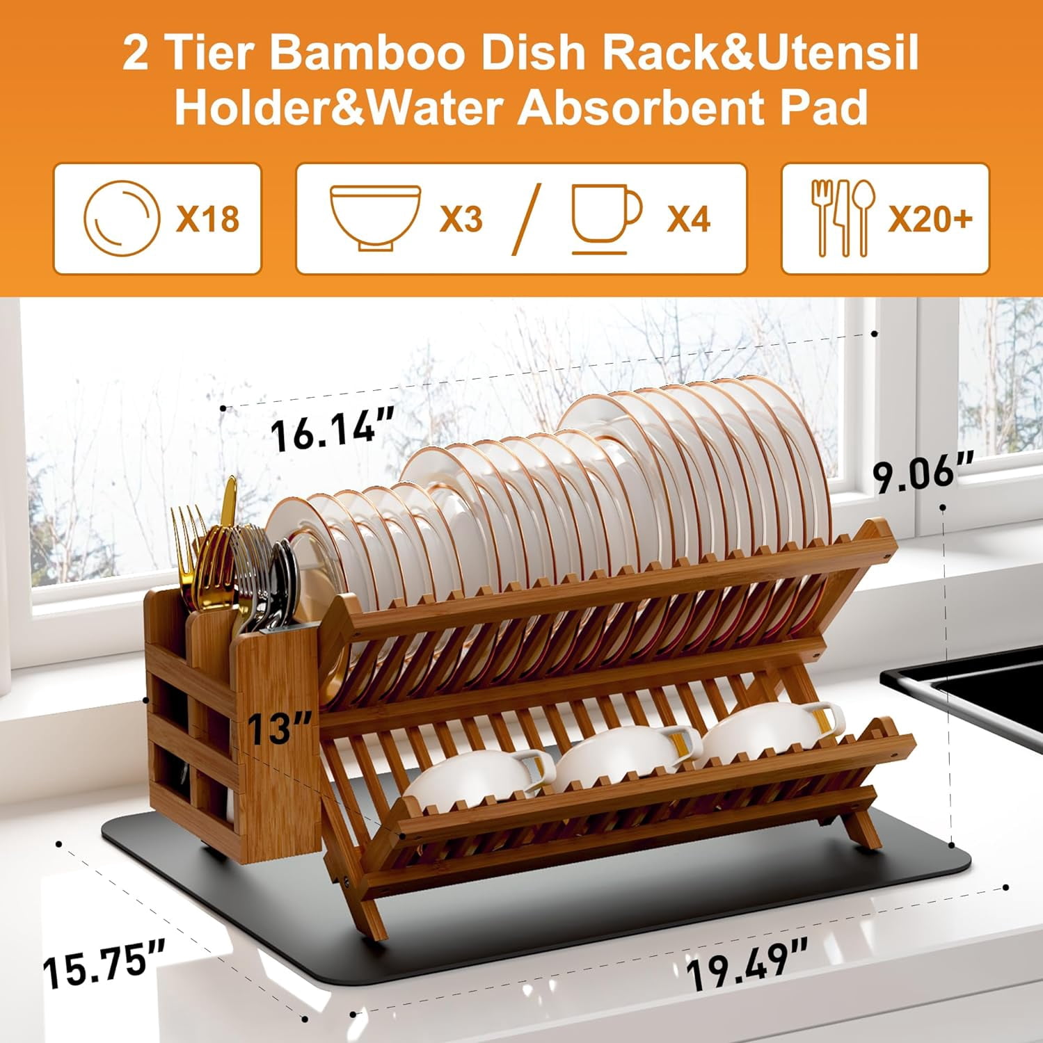Teak Dish Drying Rack with Utensil Holder, 2 Tier Collapsible Dish Rack, Wooden Dish Racks for Kitchen Counter, Folding Drying Holder with Absorbent Dish Drying Mat