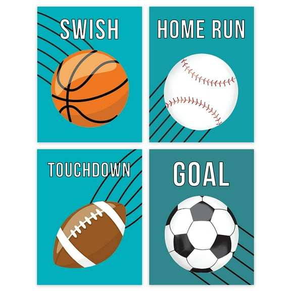 Koyal Wholesale Sports Themed Boys Nursery Kids Room Unframed Wall Art Poster, 8.5x11-inch, Aqua Basketball Baseball Soccer Football, 4-Pack