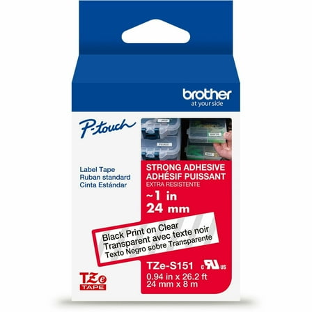 Brother P-Touch TZES151 0.94 in. x 26.2 ft. TZe Standard Adhesive Laminated Labeling Tape - Black on Clear