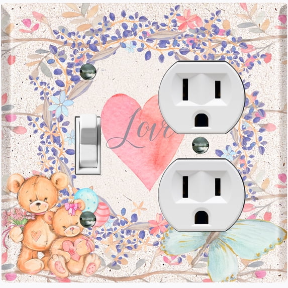 Metal Light Switch Wall Plate Outlet Cover (2 Teddy Bears With Love Heart Flower Balloon Flower Wreath Beige - Single Toggle Single Duplex)