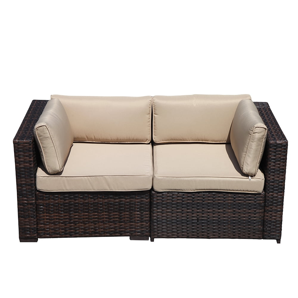 2pcs Corner Chair Outdoor Patio Furniture All Weather Brown Rattan Wicker Sofa Additional Seats For Sectional Beige Removable
