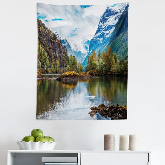 Nature Tapestry, Norway Mountain Range Snowy Peaks by the Lake Fishing Nordic Northern Landscape, Fabric Wall Hanging Decor for Bedroom Living Room Dorm, 5 Sizes, Multicolor, by Ambesonne