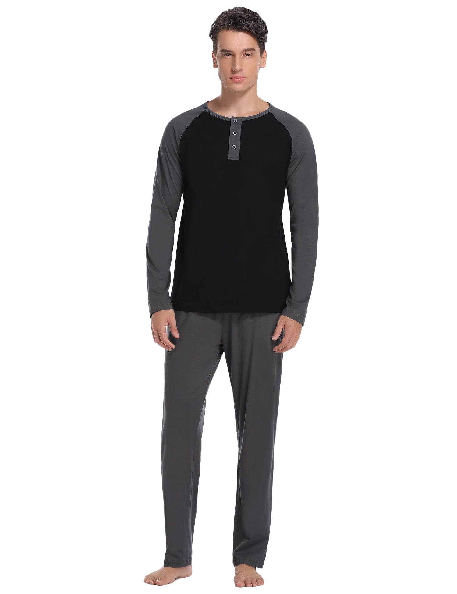 Hawiton Mens Pyjamas Set Cotton Long Sleeve Top & Pants Pjs Nightwear Sleepwear Loungwear for Man