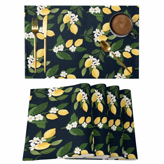 Lemons Leaves Placemats Set of 8 Summer Fruits Floral Botanical Black Place Mats Indoor Wipeable Table Mats Washable Cloth Dining Table Placemats for Kitchen Holiday Party Home Decor 13x19 Inch