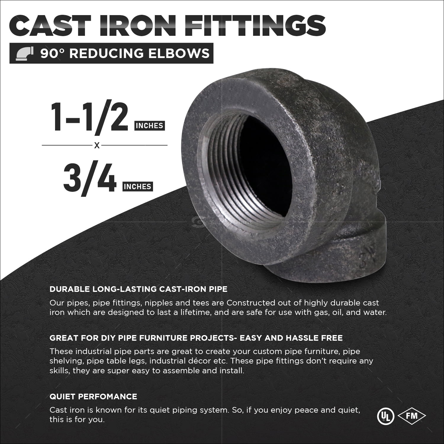 Supply Giant 1-1/2" x 3/4" 90 Degree Black Pipe Fitting Reducing Street Elbow Cast Iron