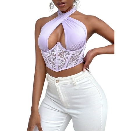 

Women Cross Halter Neck Crop Tops Sleeveless Backless Lace Spliced Corset Top Club Streetwear Vest