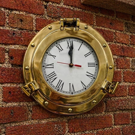 Antique Brass Porthole Wall Clock – Nautical Ship Window Decor – Polished Gold Maritime Timepiece – Vintage Coastal Home & Office Wall
