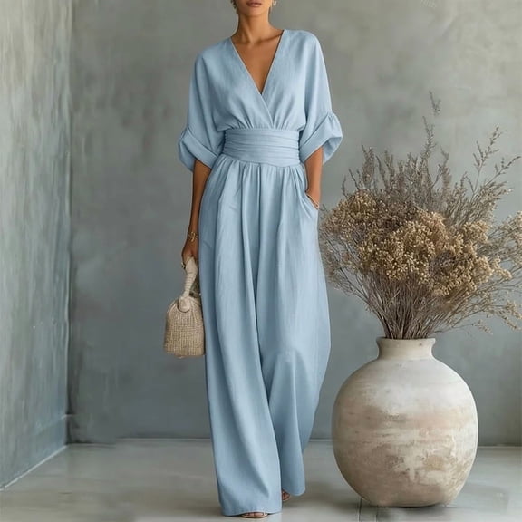 Morttic Women's Solid Color V-Neck One-Piece Jumpsuit – Rolled Sleeve, Waistband Wide Leg with Pockets, Casual Summer Romper Light Blue,S