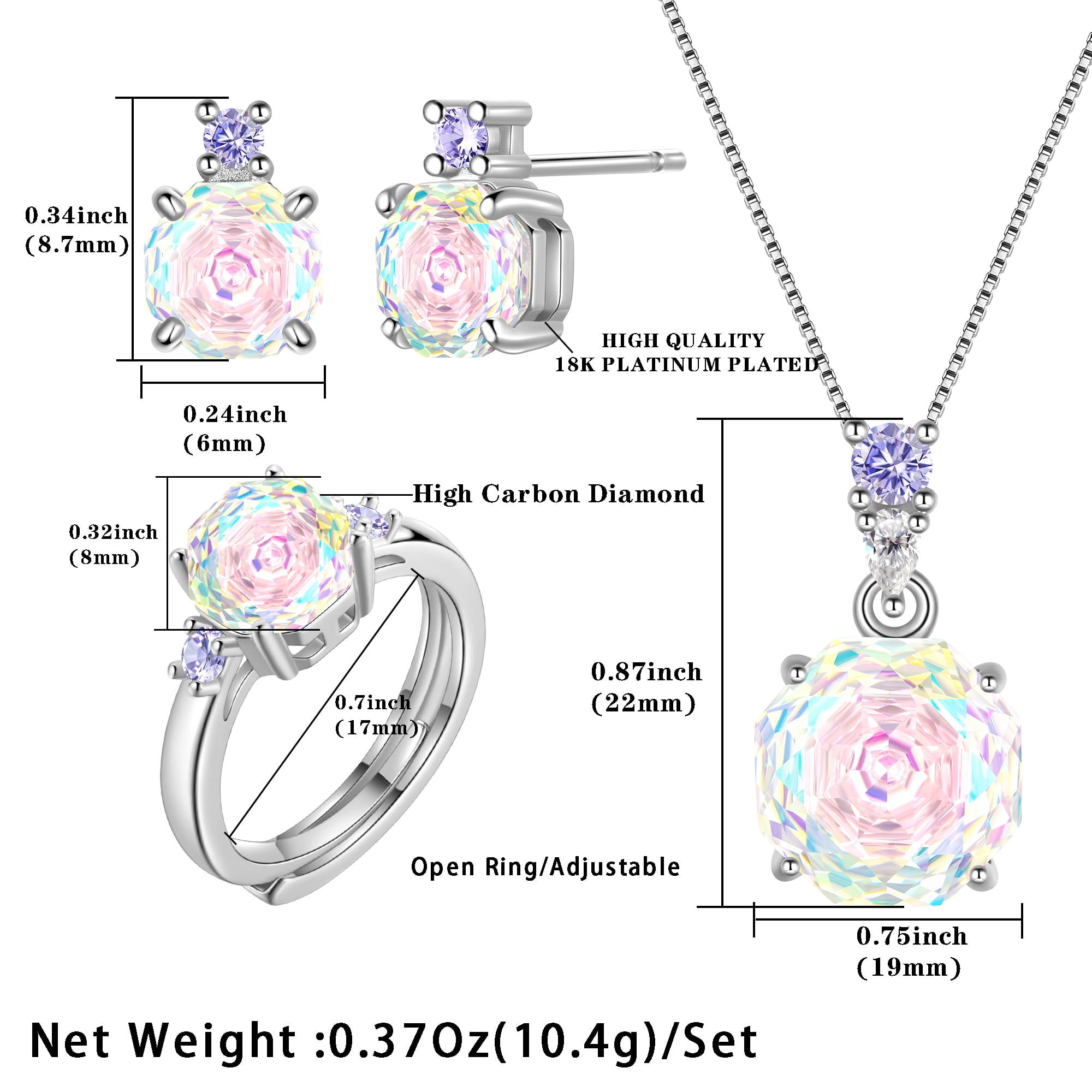 Ydou Rose Jewelry Set - 18K White Gold Plated Rose Cut Cubic Zirconia Flower Necklace/Earrings/Ring Set Anniversary Birthday Jewelry Gift for Women