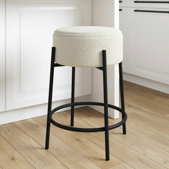 Isaac Modern Backless Bar Stool with Round Soft Padded Boucle Seat and Metal Mid-Century Base, Boucle White/Black