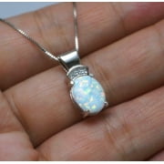 Full Sterling Silver Oval White fire Opal Necklace, Dainty Opal Jewelry For Mom