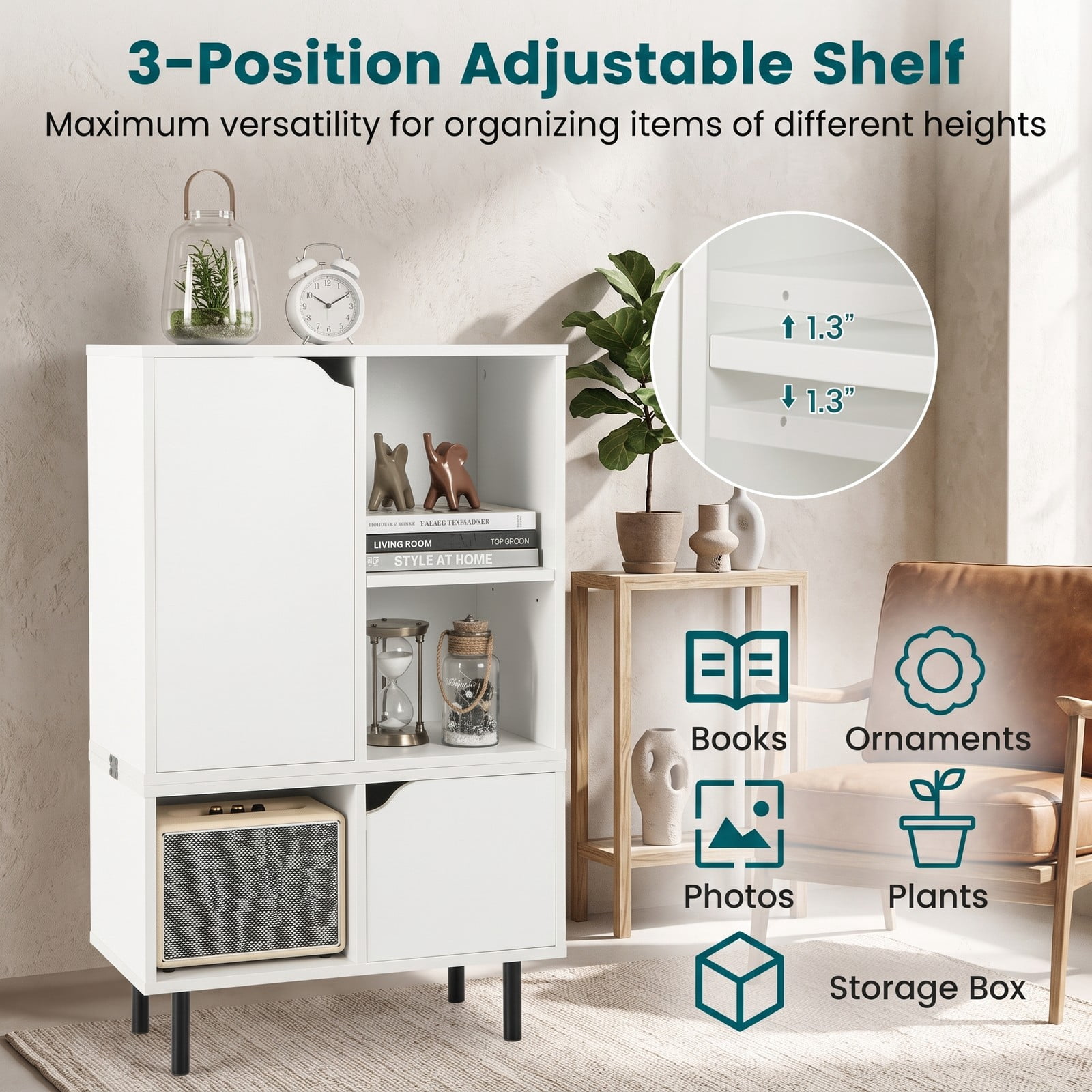 Furnibear Stackable Bookcase with Adjustable Shelf and Storage Cubes, Modern Wood Bookshelf with Enclosed Cabinet and Open Cube Display for Living Room Bedroom, White