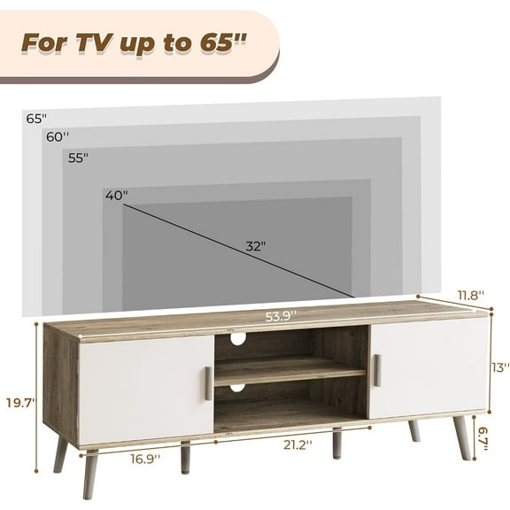 TV Stand for 55 Inch TV, Entertainment Center with Adjustable Shelf, 2 Cabinets, TV Console Table, Media Console, Solid Wood Feet, Cord Holes, for Living Room, Bedroom, Gray and White