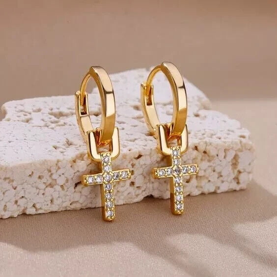 Cross Dangle Earring 14K Yellow Gold Plated 2Ct Round Cut Lab-Created Diamond Sterling Silver
