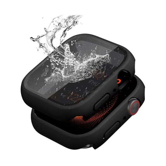 2 Pack Waterproof Privacy Hard PC Case with Tempered Glass Screen Protector for Apple Watch SE 2nd SE 3 Gen Series 6 5 4 44mm, Ultra-Thin Bumper Anti-Shock Screen for iWatch Cover Accessories, Black