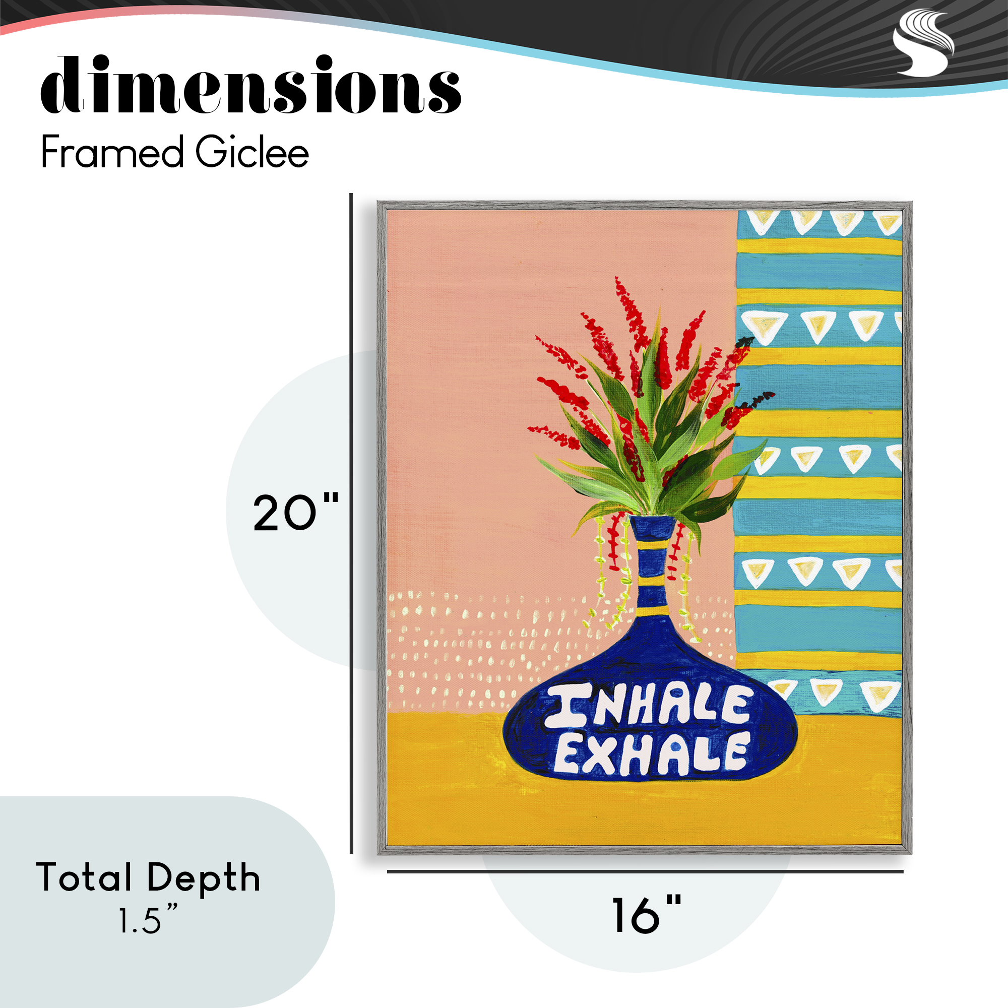 Inhale Exhale Flower Vase Gray Framed Giclee Art, design by Nabeela Rumi
