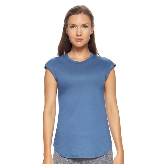 Expert Brand USA-Made Women's MoCA Cotton Blend Cap Sleeve T-Shirt, Stone Blue, Medium