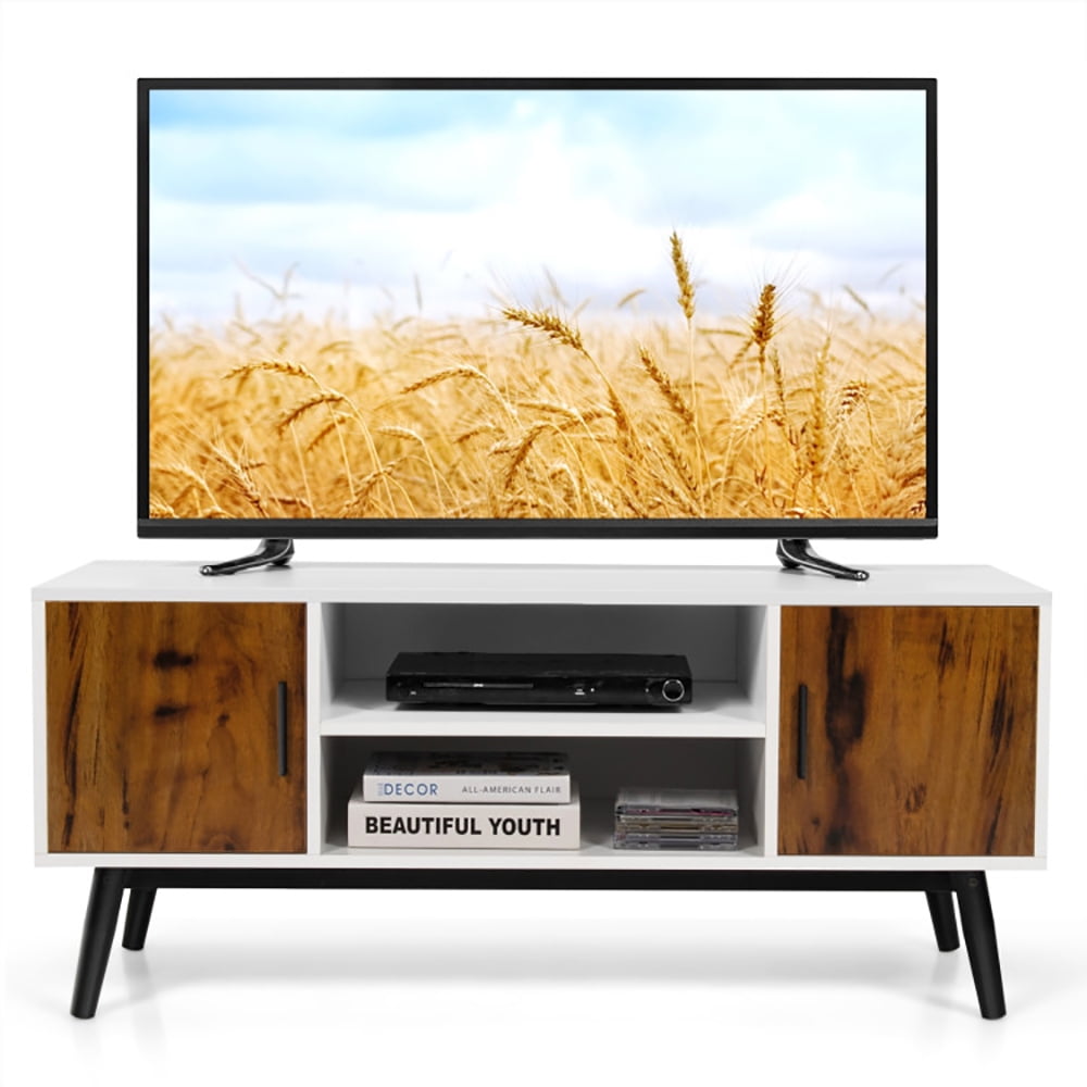 TV Stand, TV Cabinet, Mid-Century Wood TV Stand for 55 Inch with 2 Cabinets and Open Shelves, for Living Room, Bedroom, White & Rustic Brown & Black TV Stand, TV Cabinet, Mid-Century Wood TV Stand for 55 Inch with 2 Cabinets and Open Shelves, for Living Room, Bedroom, White & Rustic Brown & Black