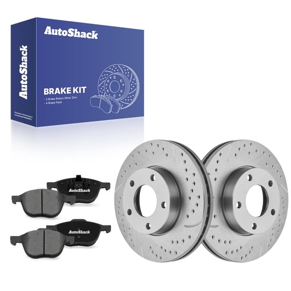 AutoShack Front Vented Drilled & Slotted Silver Zinc Coated Brake Rotors   Premium Ceramic Pads 6-PC Brake Kit Replacement for 2004-2013 Mazda 3 2012-2017 Mazda 5 SilverShield Pro 11.81" (300 mm)