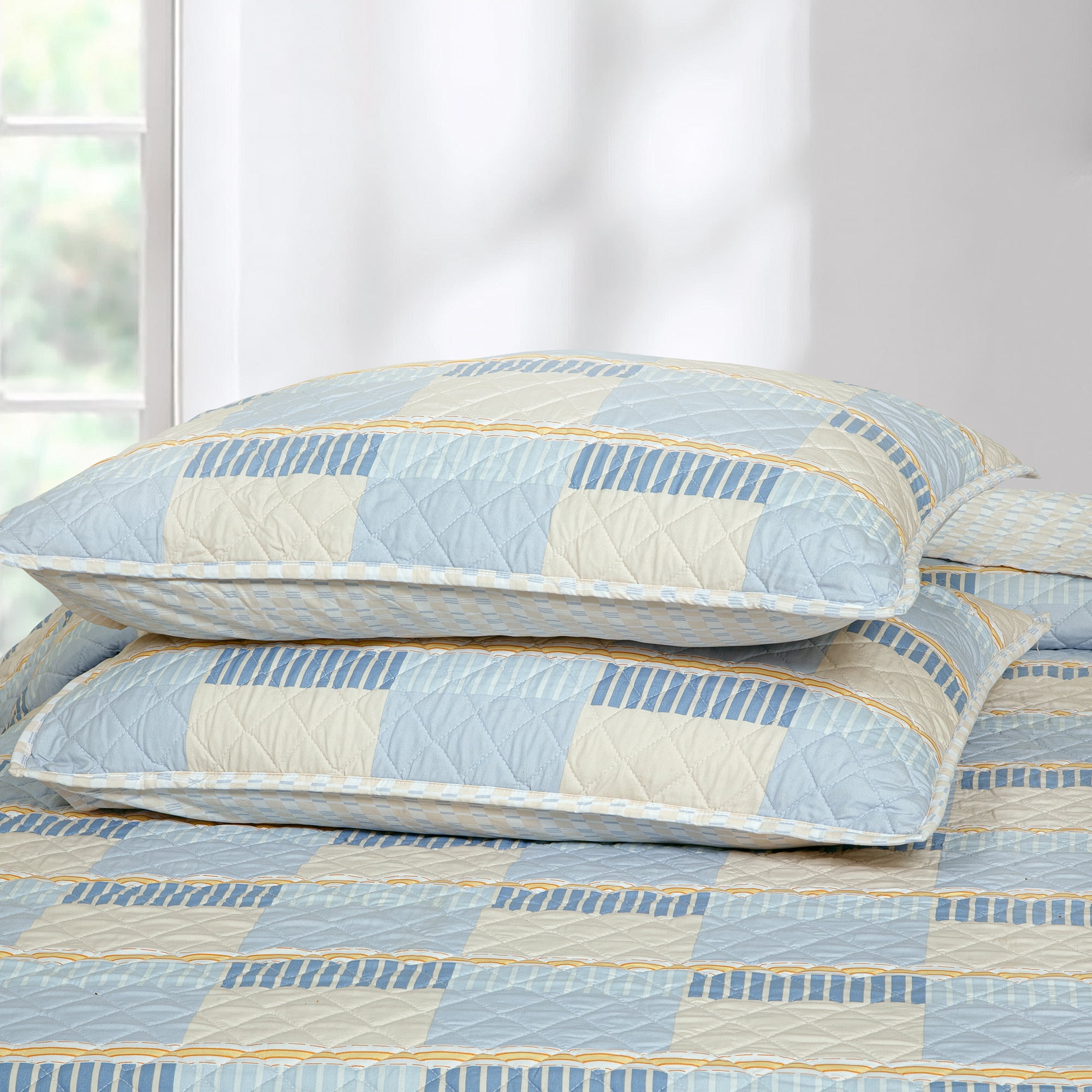 SCAD Piece by Piece Stripe 3 Piece Quilt Set, Blue and Yellow Stripe, Includes 2 Pillow Shams, Twin XL