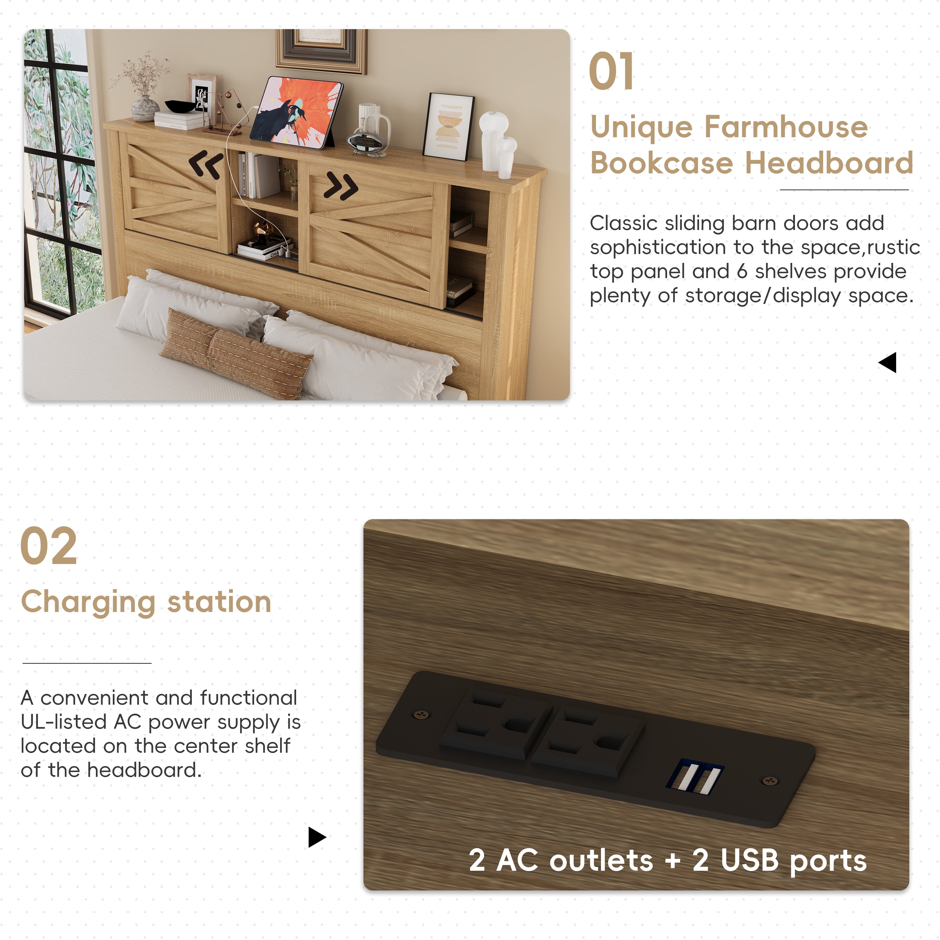 Mintazer 3-Piece Farmhouse Bedroom Set with Nightstand & 6-Drawer Dresser, Queen Platform Bed with Storage Headboard, Natural