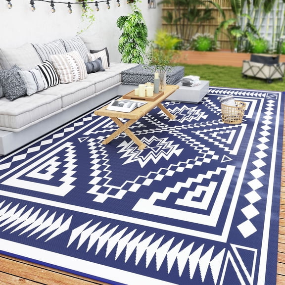 Outdoor Rug, Reversible Blue and White Square Patchwork Polypropylene Waterproof Mat, 9' x 18' for Patio, Camping and RV