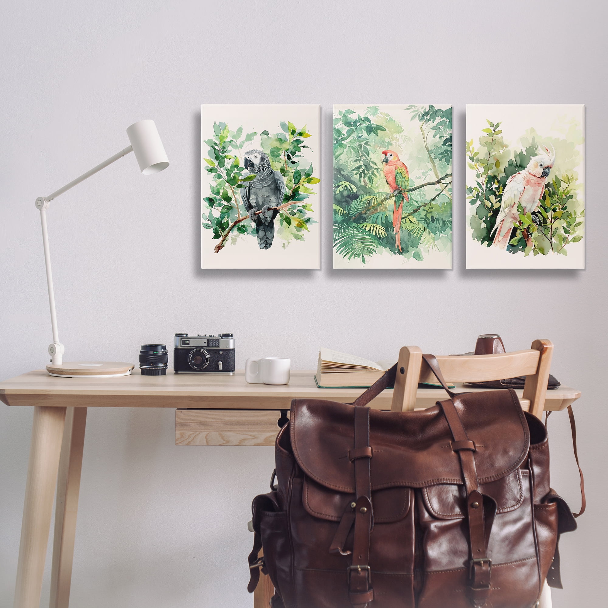 Stupell Industries Tropical Parrots in Jungle Animals Painting Wrapped Canvas Art Print Wall Art, 16 x 24, Set of 3