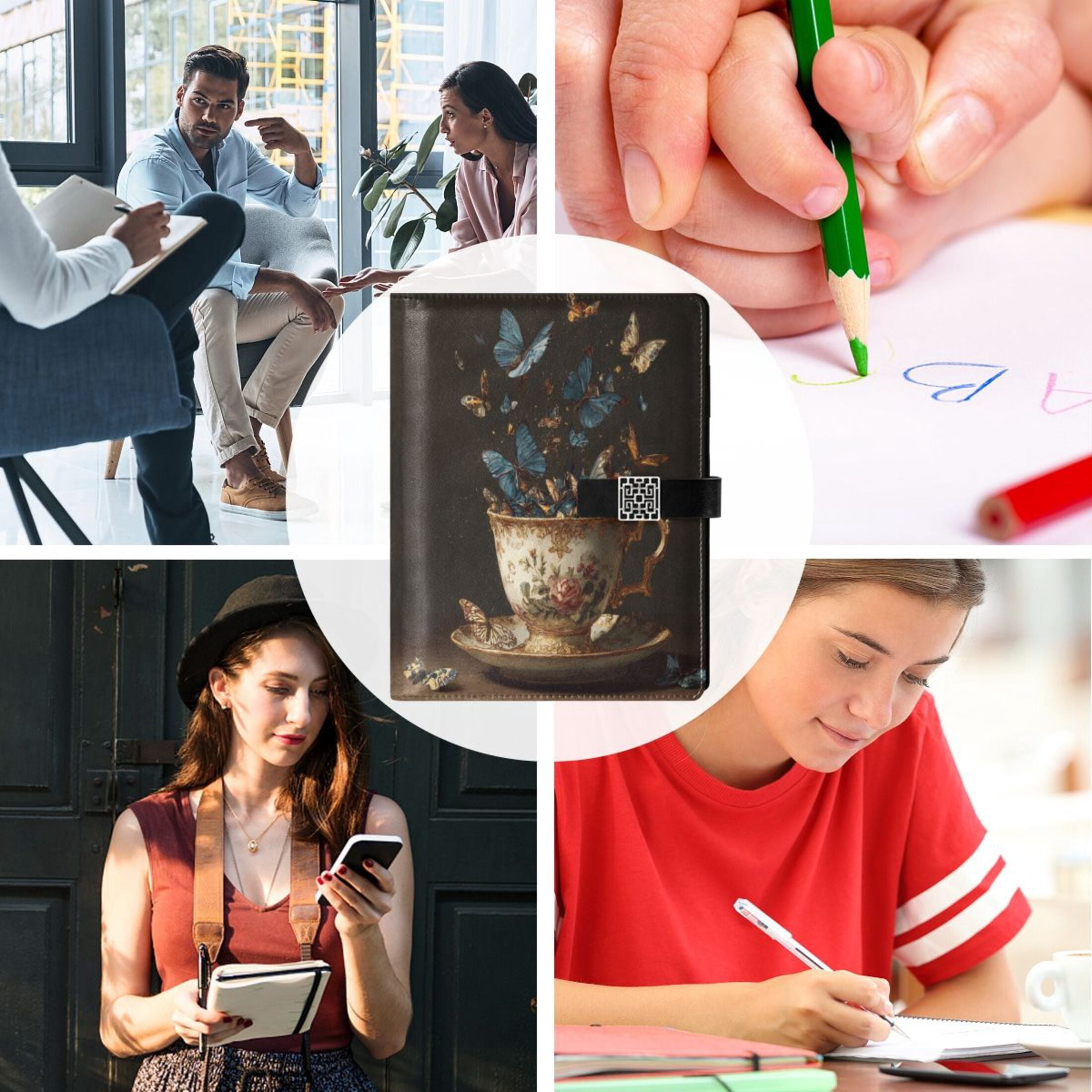 Leather Planner Leather Notebook Notebook Journal Binder Design Pen Pocket Design Convenient for Storage Vintage Teacup Butterflies