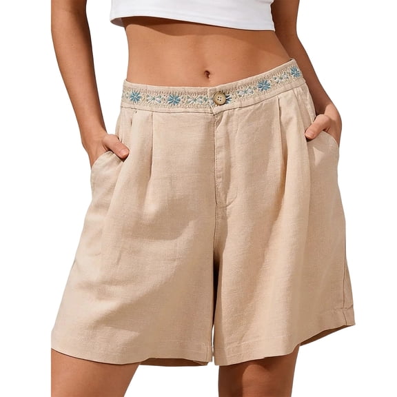Nkmbld Women's Shorts Summer Casual Elastic Waist Boho Wide Leg Embroidered Beach Vacation Shorts