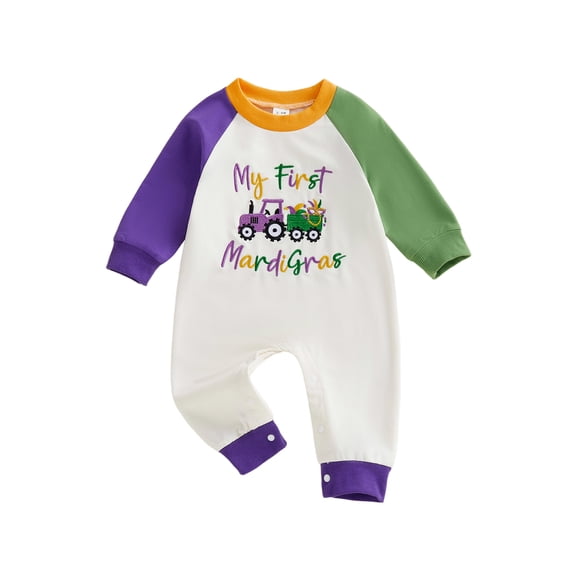 BemeyourBBs Baby Boy Girl My First Mardi Gras Outfit Carnival Romper Letter Long Sleeve Round Neck Jumpsuit Cute Infant Spring Fall Winter Clothes