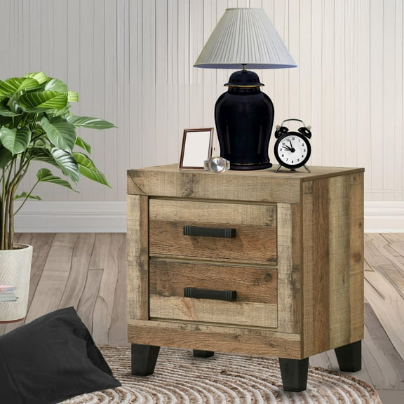 Kings Brand Furniture Biloxi 2 Drawer Natural Wood Nightstand, Farmhouse Bedside Table, Wood Small Side Table for Bedroom, Living Room End Table (Light Brown)