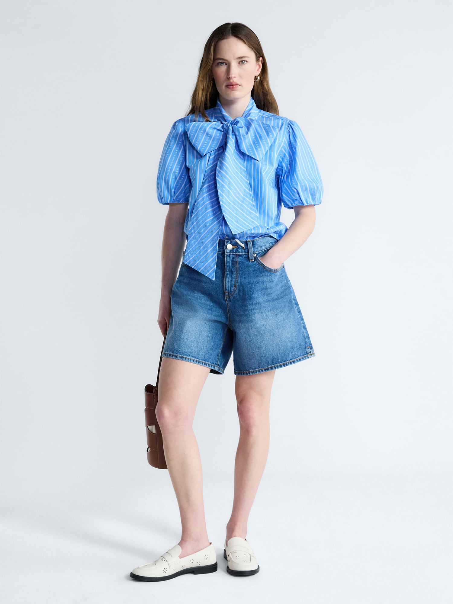 Free Assembly Women's Cotton Bow Blouse with Short Puff Sleeves, Sizes XS-XXL