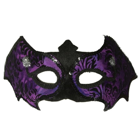 Purple Bat Half Mask Sequin Trim Floral Design Halloween Adult Costume Accessory