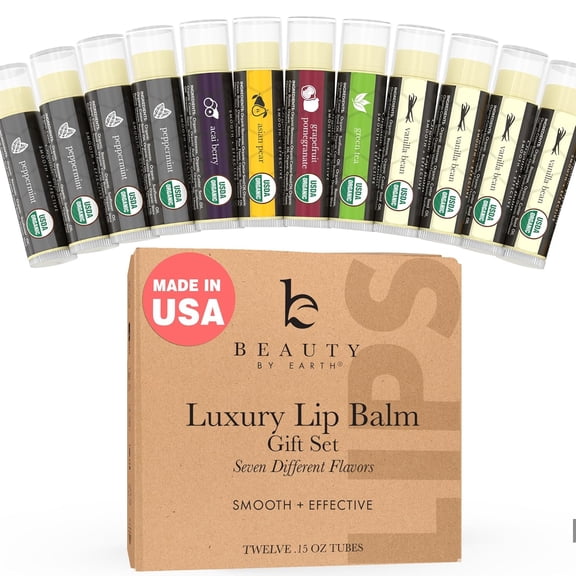 Beauty by Earth Organic Lip Balm Gift Set 12 pack Multi Flavored - Moisturizing Natural Beeswax Chapstick, Long Lasting Therapy to Repair Dry Chapped Cracked Lips