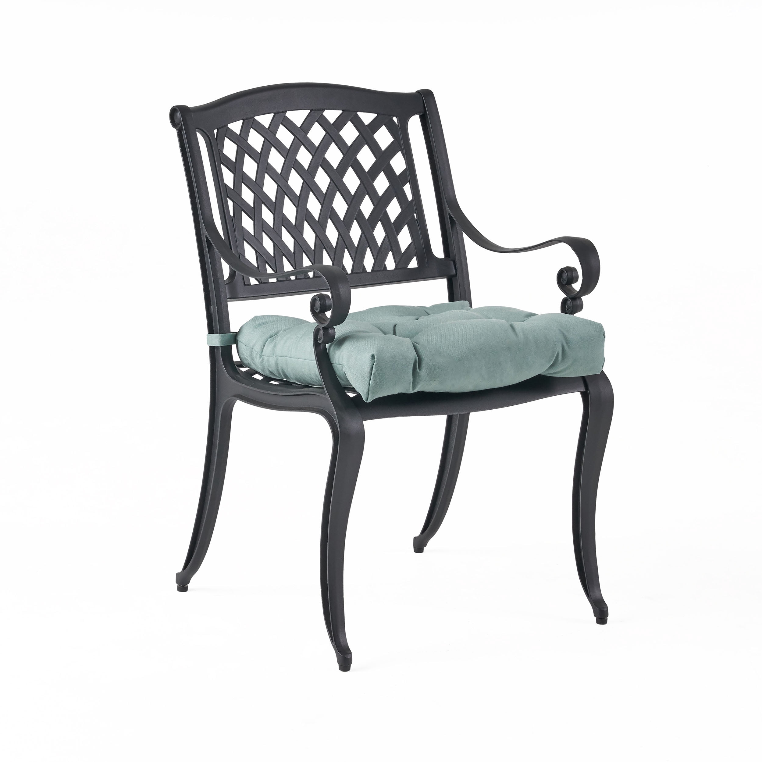 Kaleb Outdoor Cast Aluminum Dining Chair with Cushion, Set of 2, Antique Matte Black, Teal